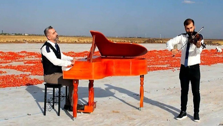 Müzik öğretmenleri domates tarlasında işçilerle klip çekti